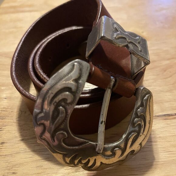 UNLISTED Belt Medium Brown Leather Western Cowgirl Rodeo Boho Patina Med Buckle - Picture 2 of 13